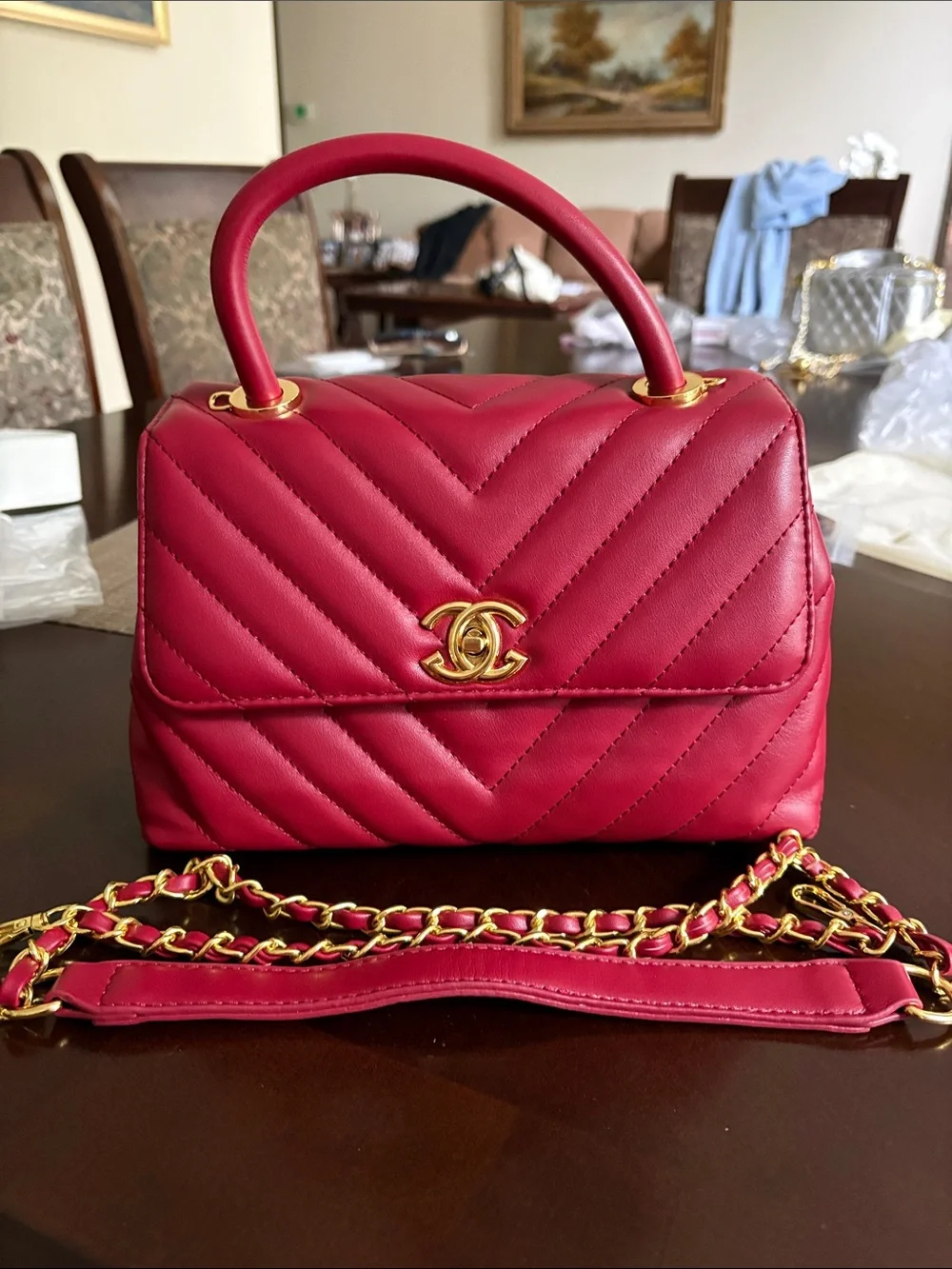 BRAND NEW!  Red Quilted Top Handle Bag with Gold Hardware